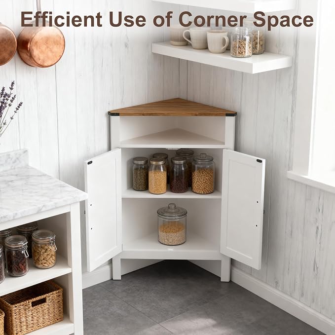 M METERXITY Bathroom Corner Cabinet with Barn Doors, Adjustable Shelf | 32"H Farmhouse Small Storage Cabinet, 3-Tier Space Saver, Open Storage, Kitchen, Pantry, Living, Entryway, White Walnut