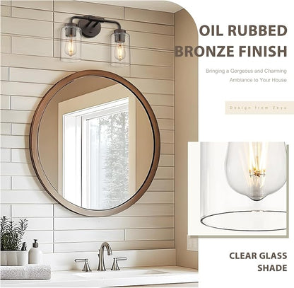 zeyu 2-Light Bronze Vanity Light for Bathroom, Clear Glass, ZS62B-2W ORB | Farmhouse Bathroom Wall Sconce, Clear Glass Shades, Oil Rubbed Bronze, 2-Light Design, Hardwired, Up/Down Mount, ETL Listed