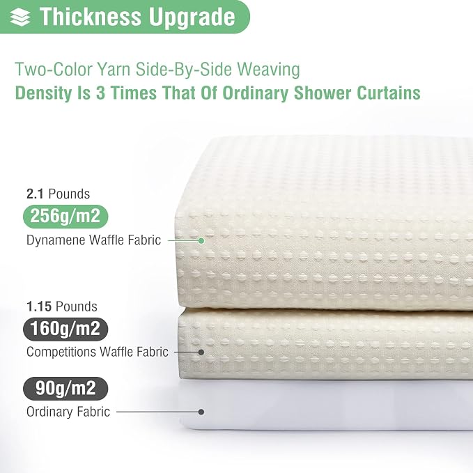 Extra Wide Waffle Shower Curtain 256 GSM Fabric 108x72 Cream/Ivory | 108 Inch Wide, Thick Cloth, Weighted Hem, Water Repellent, Hotel Luxury Polyester Shower Curtain Set for Bathroom 18 Hooks
