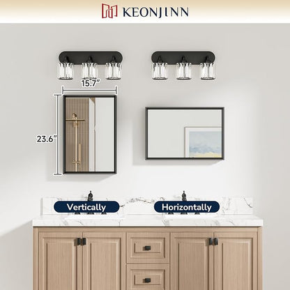 Keonjinn 16" x 24" Small Bathroom Mirrors for Over Sink, Black Metal Framed | Rectangle Mirrors for Wall, Small Bathroom Vanity Mirror, Tempered Glass, Square Corner, Suitable for Compact Apartment