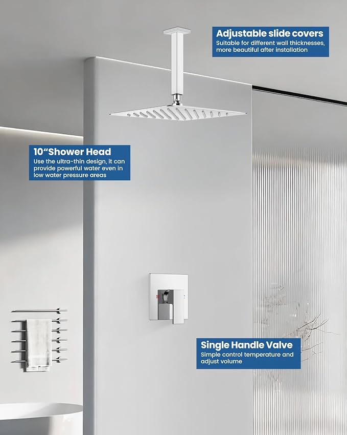 Airuida 10 Inch Chrome Polish Shower Faucet Set,Rainfall Shower System | Ceiling Shower Head,Male Thread Rough-in Valve,Ceiling Mount,Single Handle