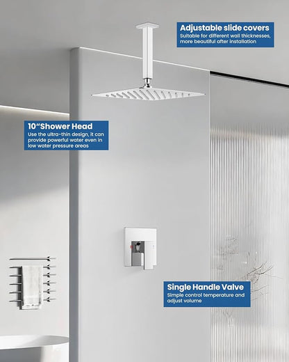 Airuida 10 Inch Chrome Polish Shower Faucet Set,Rainfall Shower System | Ceiling Shower Head,Male Thread Rough-in Valve,Ceiling Mount,Single Handle