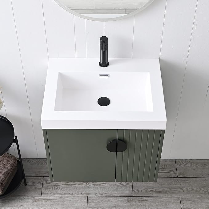 Blossom 24 Inch Bathroom Vanity with Sink, All Wood Wall Mounted Floating Bathroom Vanity with Acrylic Sink, Small Bathroom Vanity Organizer for Space-Saving Storage Solution, Sage Green