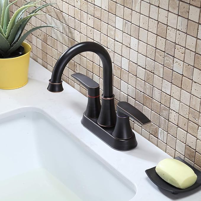 Lead-Free 2-Handle Oil Rubbed Bronze Bathroom Sink Faucet, 360° Swivel High-Arc Spout 4 Inch Centerset Bath Lavatory Vanity Faucets Set for Bathroom Sinks with Drain & Water Hoses, VABM80008H