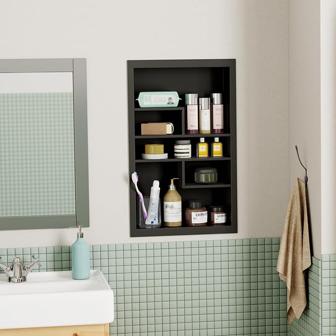 14x24 Medicine Cabinet Recessed Stainless Steel, with 5 Compartments Medicine Cabinet Organizer, Stainless Steel Wall Niche, Bathroom Wall Cabinet, Recessed Bathroom Cabinet, Black
