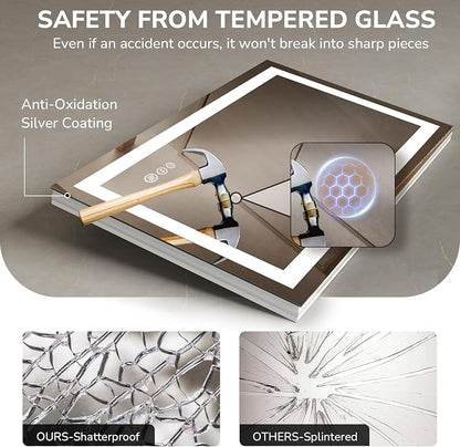 LED Bathroom Mirror 20x28 Inch Tempered Glass - Frameless LED Backlit Lighted Mirror for Bathroom Vanity with Anti-Fog, 3 Colors Dimmable, Memory Function, Wall-Mounted