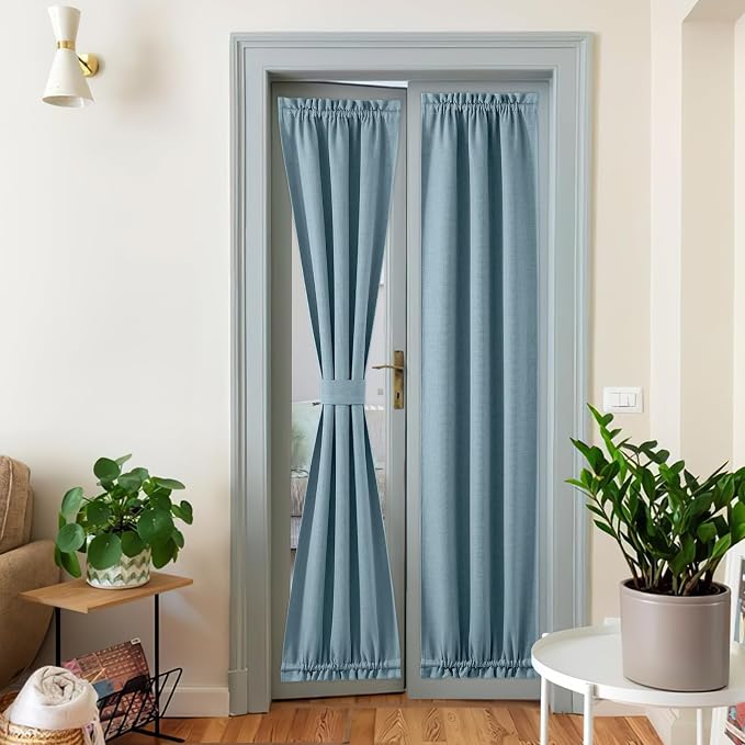 NICETOWN French Door Blackout Curtain for Kitchen Thermal Insulated Faux Linen Drapes Temporary Window Treatment Covering for Glass Door Rod Pocket with Tieback, 25" x 80", Mist Blue, 1 Panel