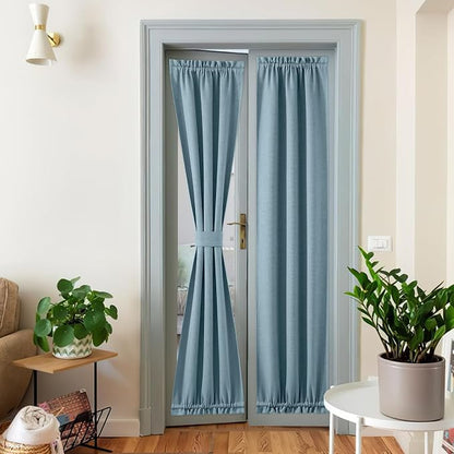 NICETOWN French Door Blackout Curtain for Kitchen Thermal Insulated Faux Linen Drapes Temporary Window Treatment Covering for Glass Door Rod Pocket with Tieback, 25" x 80", Mist Blue, 1 Panel