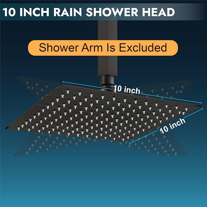 Midanya Square Rain Shower Head,High Pressure,Oil Rubbed Bronze 10 Inch | 360°Swivel,Ceiling or Wall Mount,Waterfall Full Body Coverage,Bathroom Remodel,Stainless Steel Large Rainfall Shower Head
