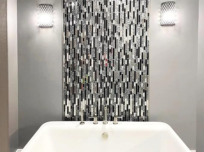 Glass Metal Tiles Art Mosaic Silk Black Crystal Glass Chrome Silver Steel Accent Wall Border Kitchen Bath Backsplash Tile TSTNB12 (5 Square Feet)