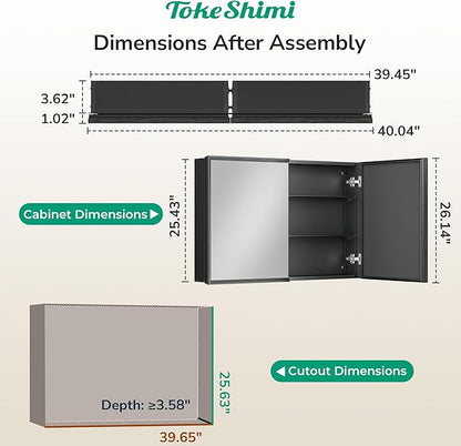 TokeShimi 40 x 26 Black Recessed Medicine Cabinet with Mirror, Assembly Required, Bathroom Medicine Cabinet with Mirror, Stepless Adjustable Shelves, Beveled Aluminum Frame, DTC Hinge