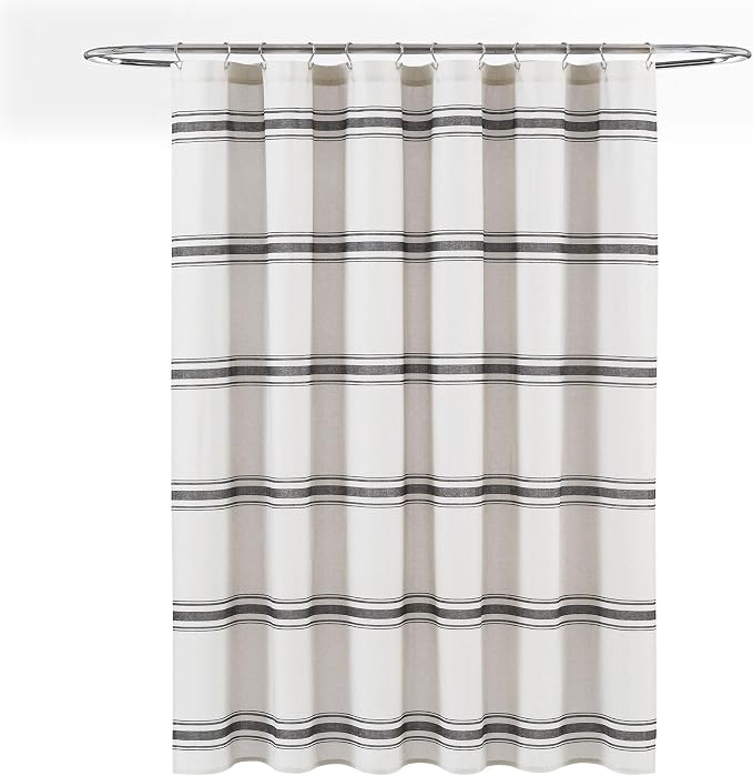 Lush Decor Farmhouse Stripe Cotton Shower Curtain, 72" W x 72" L, Black - Striped Bathroom Curtain - Fabric Shower Curtains - Farmhouse Bathroom Decor