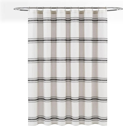 Lush Decor Farmhouse Stripe Cotton Shower Curtain, 72" W x 72" L, Black - Striped Bathroom Curtain - Fabric Shower Curtains - Farmhouse Bathroom Decor