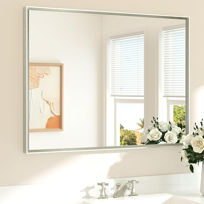 Brushed Nickel Bathroom Mirror for Over Sink 40" x 30" Brushed Nickel Beveled Framed Rectangle Vanity Mirror for Bathroom, Bedroom, Entryway, Living Room, Tempered Glass, Stronger Frame