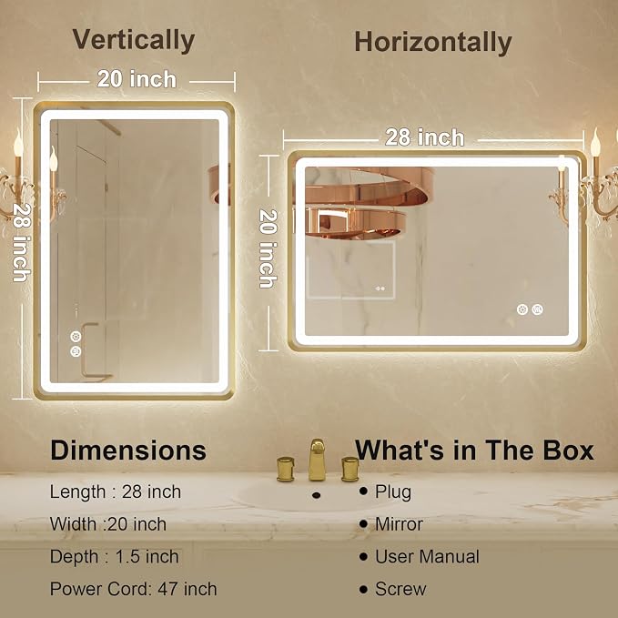 20"x 28" Gold Framed LED Mirrors for Bathroom, Wall Mounted Lighted Bathroom Vanity Mirror, Front and Backlight, Stepless Dimmable, 3 Colors, Anti-Fog, Memory, Smart Touch Button