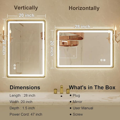 20"x 28" Gold Framed LED Mirrors for Bathroom, Wall Mounted Lighted Bathroom Vanity Mirror, Front and Backlight, Stepless Dimmable, 3 Colors, Anti-Fog, Memory, Smart Touch Button