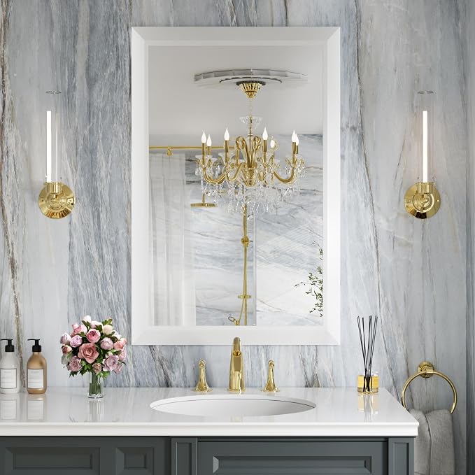 Bathroom Mirror for Wall, 24x36 Inch (White) | HD Reflection, Tempered Glass, Thick Metal Framed Rectangle Mirrors for Over Sink, Vanity, Bedroom, Living Room, Entryway