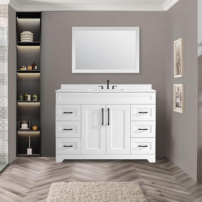 48" Luxurious Bathroom Vanity with White Stone Countertop and Rectangle Sink and Back Splash,2 Soft Closing Doors & 6 Full Extension Drawers (Without Faucet、Pop Up Drain &Mirror)