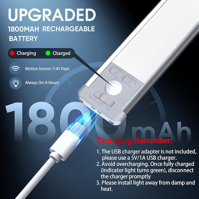 10inch Under Cabinet Lighting with 3 Color Temps, 2 Pack Rechargeable Motion Sensor Light Indoor, 5 Levels Dimmable Magnetic Closet Lights, Wireless Under Counter Lights for Kitchen, Stairs