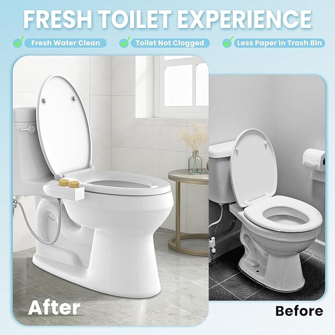 Toilet Bidet With Left/Right Side Reversible Design, Fresh Water, Non-Electric, Toilet Bidet Attachment, Right/Left Hand Side with Dual Nozzle, Self-Clean, Easy to Install (Bamboo Knob)