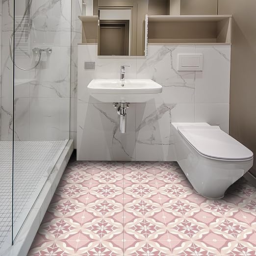 Pink Floral Geometric Peel and Stick Floor Tiles 12x12 Inch 10PCS | Pink and white floral geometric tile pattern vinyl floor stickers for kitchen bathroom entryway and indoor home decor