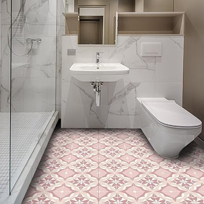 Pink Floral Geometric Peel and Stick Floor Tiles 12x12 Inch 10PCS | Pink and white floral geometric tile pattern vinyl floor stickers for kitchen bathroom entryway and indoor home decor