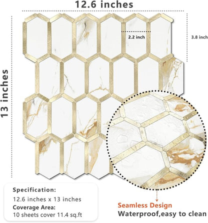 Vamos Tile Long Hexagon Peel and Stick Tile Backsplash - 10 Sheets Stick on Backsplash for Kitchen and Bathroom Calacatta Gold Mixed Metal Light Gold PVC Self Adhesive Mosaic Wall Tiles(Seamless)