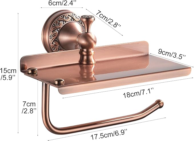 Red Copper Bath Toilet Paper Holder with Phone Shelf, Wall Mounted Bathroom Hardware Accessories, Pattern Carving Design, PBR-4386W