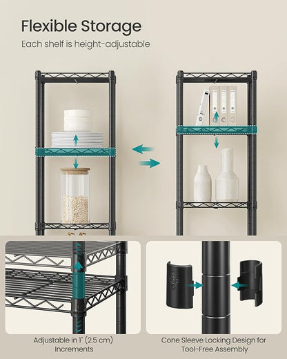 SONGMICS Storage Shelf, Small Metal Wire Shelving Unit, Adjustable Shelves, for Small Spaces, Garage, Bedroom, Living Room, Kitchen, Pantry, 5 Tier, 11.8 x 11.8 x 47.6 Inches, Ink Black ULGR123BH01