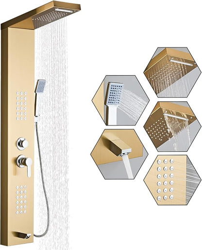 5-in-1 Shower Panel Tower System - Brushed Gold | 304 stainless steel Shower Panel Tower Column with Powerful Body Jets, Rainfall, Waterfall,Handheld and Tub Spout