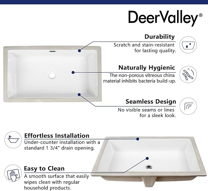 DeerValley DV-1U0132 Undermount Bathroom Sink 27.56"x15.87" White Rectangular Ceramic Sink Bathroom Wash Basin with Overflow Hole