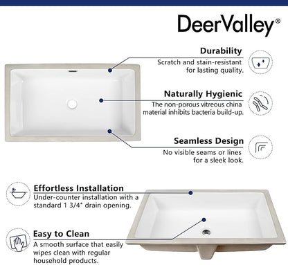 DeerValley DV-1U0132 Undermount Bathroom Sink 27.56"x15.87" White Rectangular Ceramic Sink Bathroom Wash Basin with Overflow Hole