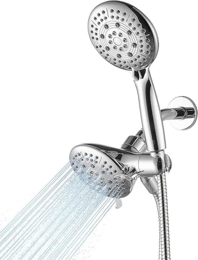 Cobbe® Dual Shower Head Combo, Handheld & Fixed, Chrome | Two Full-Size Shower Heads, 59'' Stainless Steel Hose, Water Saving with 3-Way Water Diverter, Tool-Free Installation