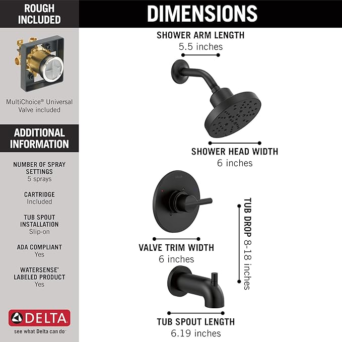 Delta Nicoli 14 Series H2Okinetic Bathtub and Shower Faucet Set, Matte Black Shower Head and Handle Set, Valve Trim Kit, Matte Black 144749-BL (Valve Included)