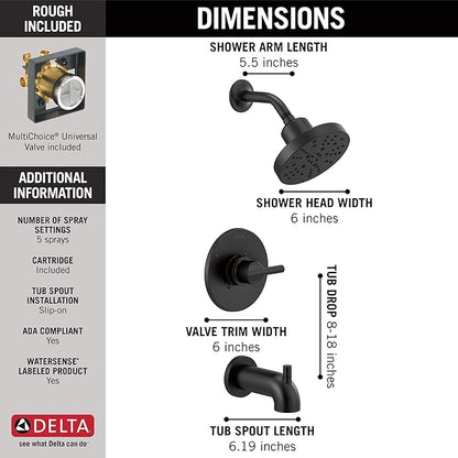 Delta Nicoli 14 Series H2Okinetic Bathtub and Shower Faucet Set, Matte Black Shower Head and Handle Set, Valve Trim Kit, Matte Black 144749-BL (Valve Included)