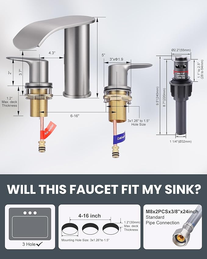 WOWOW Waterfall Bathroom Faucet 3 Holes 8Inch Widespread Bathroom Sink Faucet, Two Handles Brushed Nickel Bathroom Faucet with Pop-up Drain & Supply Hoses, Modern Faucet Mixer Taps Brushed Nickel