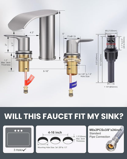 WOWOW Waterfall Bathroom Faucet 3 Holes 8Inch Widespread Bathroom Sink Faucet, Two Handles Brushed Nickel Bathroom Faucet with Pop-up Drain & Supply Hoses, Modern Faucet Mixer Taps Brushed Nickel