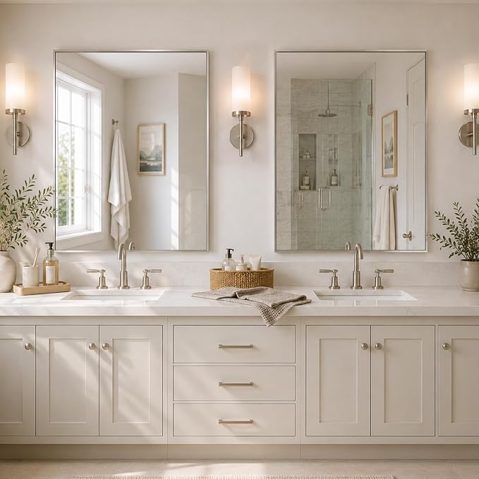 40"x30" Brushed Nickel Framed Rectangle Bathroom Vanity Wall Mirror | Over-Sink Vanity Mirror, Slim Metal Frame, Entryway or Dresser Use, Vertical/Horizontal Mount, Tempered Glass