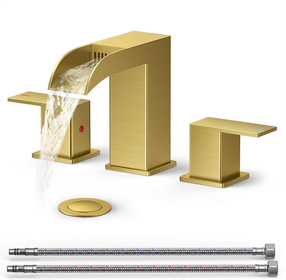 QFN Brushed Gold Bathroom Faucet 3 Hole, 8 Inch Widespread Square Bathroom Sink Faucet with Metal Pop-up Drain and 24" CUPC Supply Line, Lead-Free 2 Handles for Vanity, Restroom, Lavatory and Mall