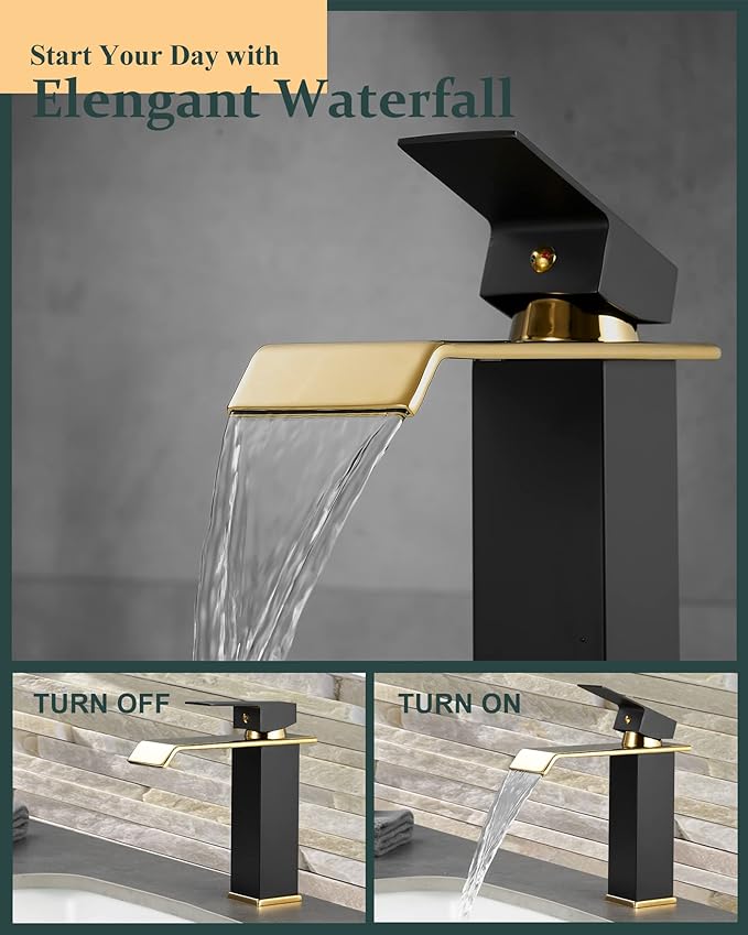 Black & Gold Waterfall Bathroom Sink Faucet – Single Hole 304 Stainless Steel Faucet with Metal Pop-Up Drain, Low-Profile Design for Modern Vanities