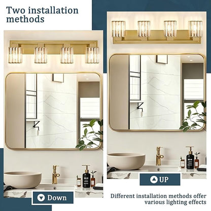 Brushed Gold Bathroom Light Fixtures, 3-Light Vanity Light Over Mirror | Wall Sconces with Square Crystal Shades, E26 Socket, Modern Vanity Lights for Bathroom (Bulbs Not Included)