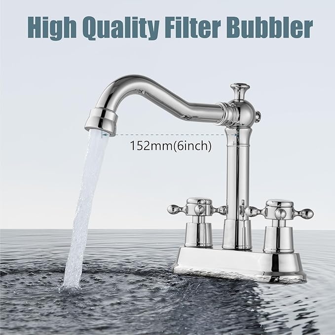 Aolemi 4 Inch Centerset Bathroom Sink Faucet Vintage 2 Cross Handle RV Mixer Tap Basin Vanity Lavatory Utility for Sink 3 Hole Include Hoses Pop Up Drain Faucet Handle with Label Polish Chrome
