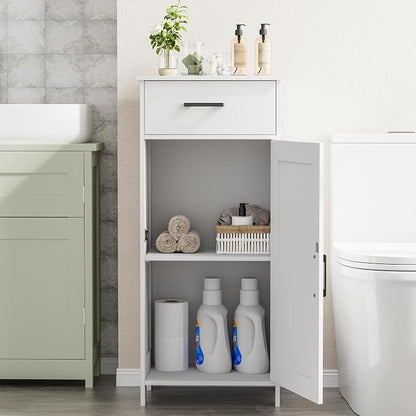 Homhedy Bathroom Storage Cabinet with Drawer & Adjustable Shelf | Freestanding Storage Cabinet for Bathroom, Entryway, Living Room & Kitchen, White, 15.7"W