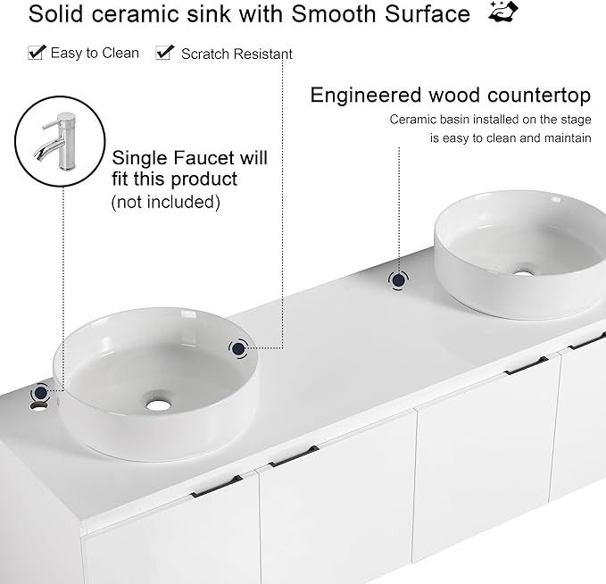 60 Inch Bathroom Vanity with Sink, 60" Floating Bathroom Vanity with Double Vessel Sinks, Modern Wall Mounted Cabinet Set, White Cabinet with 4 Doors and 2 White Ceramic Basin Sinks, Large Countertop