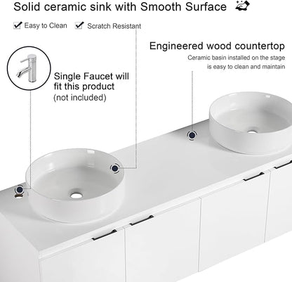 60 Inch Bathroom Vanity with Sink, 60" Floating Bathroom Vanity with Double Vessel Sinks, Modern Wall Mounted Cabinet Set, White Cabinet with 4 Doors and 2 White Ceramic Basin Sinks, Large Countertop