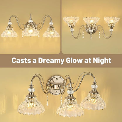 Brushed Nickel Bathroom Vanity Light, 3-Light Nickel Finish Wall Sconce with Hanging Crystal Accents and Flower-Shaped Clear Glass Shades, Modern Wall Mount Vanity Light Over Mirror for Bathroom