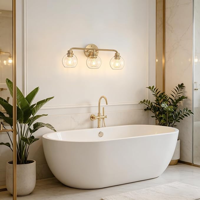 22 Inch Bathroom Light Fixtures Gold Vanity Light 3 Light Brushed Brass | Intrfimaso Wall Sconces Lighting with Clear Globe Glass Shades Bath Wall Lamp for Mirror Living Room Bedroom Hallway