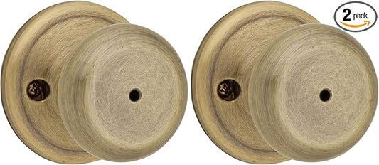 Kwikset Juno Interior Privacy Door Knob with Lock, Door Handle for Bathroom and Bedroom, Antique Brass Keyless Turn Lock Doorknob, with Microban Protection (Pack of 2)