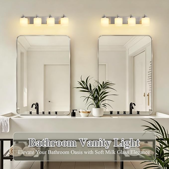 Mecgirn Stainless Steel Milk Glass Bathroom Vanity Light Over Mirror, 4 Light Brushed Nickel Bathroom Light Fixtures with Frosted Glass, Modern Vanity Lighting Wall Mount
