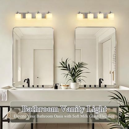 Mecgirn Stainless Steel Milk Glass Bathroom Vanity Light Over Mirror, 4 Light Brushed Nickel Bathroom Light Fixtures with Frosted Glass, Modern Vanity Lighting Wall Mount